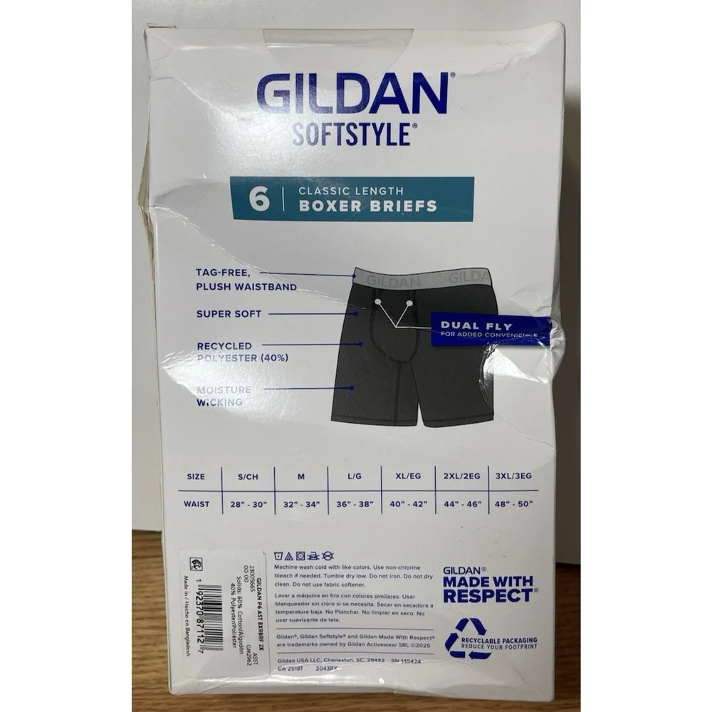 Gildan Softstyle Boxer Briefs 6 Pack Men’s 2XL (44-46”) Moisture Wicking New